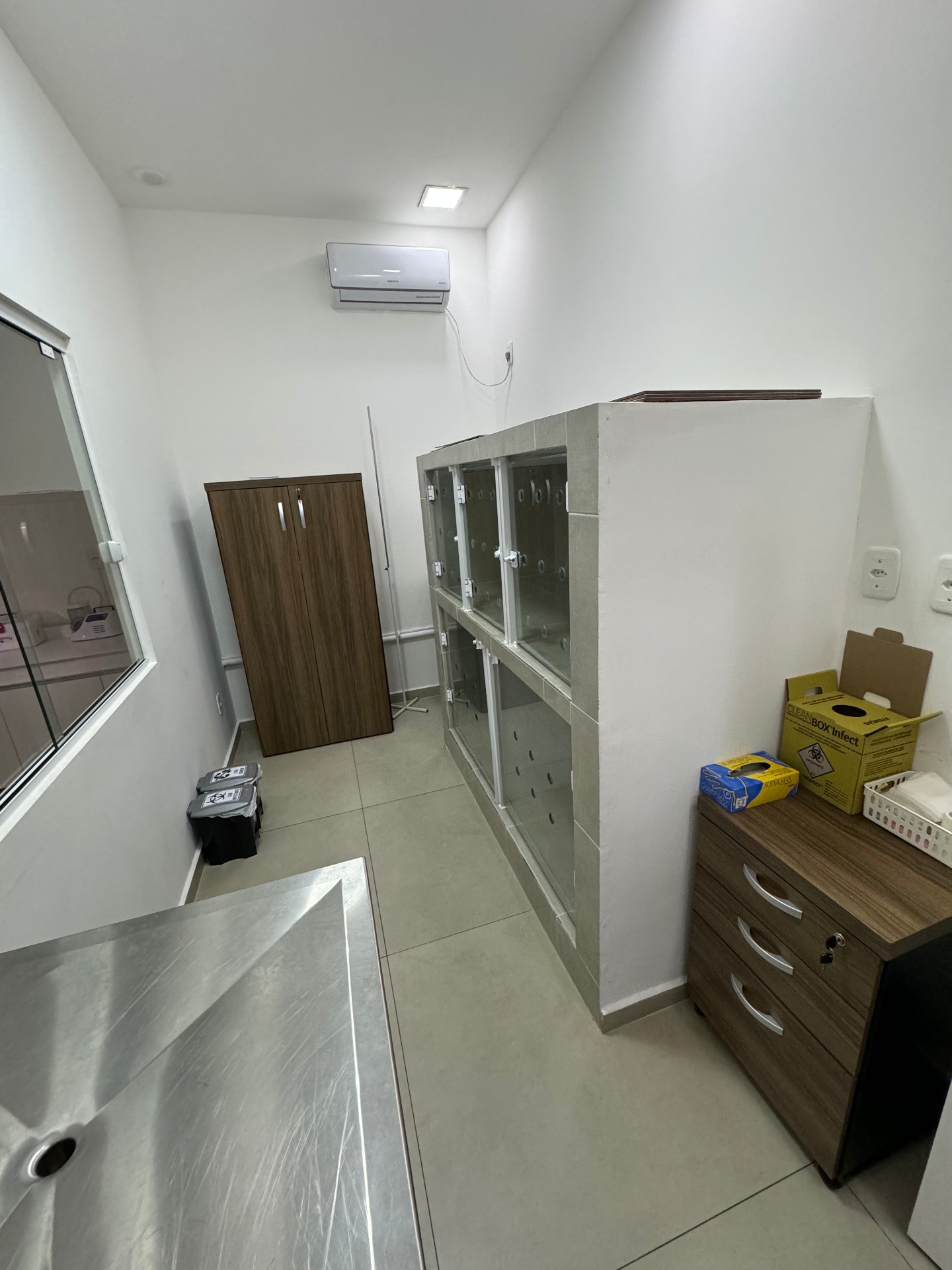 Sala de internação com canis de vidro climatizados